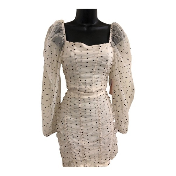 Cream 2pc polka dot chiffon tulle tufted sheer sleeve blouse &‎ skirt set size L - Picture 12 of 17